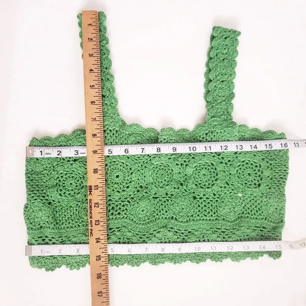 Free People Women's Crochet Top Medium Green Open Knit Cropped Cotton Unlined